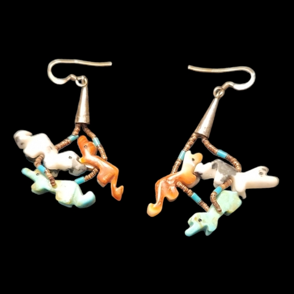 VINTAGE ZUNI NATIVE AMERICAN HESHI BEADED TURQUOISE FETISH DANGLE EARRINGS - Picture 7 of 8